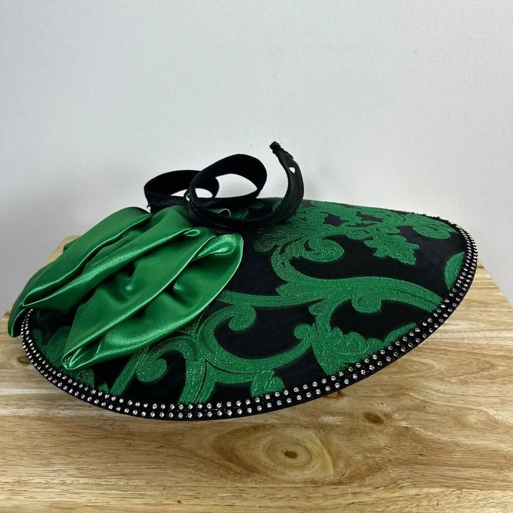Church Derby Hat Green Black Damask Wide Brim Rhinestone Trim Satin Bow